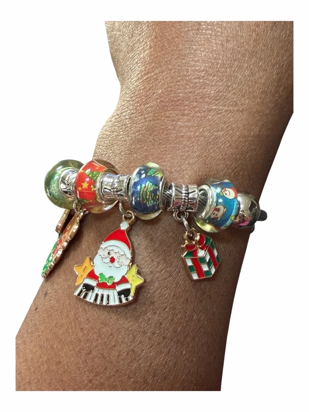 Holiday Charm Adjustable Twisted Silver Bangle with Green and Red Enamel Charms